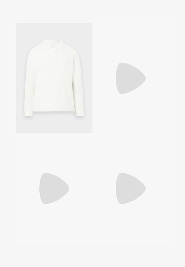 Bílý chlupatý svetr s límečkem, tříknopovým zapínáním, dlouhými rukávy a měkkou texturou. Jednoduchý design bez viditelných vzorů.; Bílý tričko s dlouhými rukávy se zdobením znázorňujícím osobu, jak venčí tři psy, s nápisem "Barbour" vytištěným nahoře černou barvou.; Béžové kalhoty s širokými nohavicemi vyrobené z bavlněné směsi. Mají hladkou texturu, elastický pas a boční detail s knoflíkem.; Sportovní boty s bílým koženým svrškem, šedou semišovou špičkou a třemi černými pruhy. Obsahují modré logo na jazyku a texturovanou gumovou podrážku.; Svetle béžová polstrovaná taška přes rameno s zakřiveným tvarem ve tvaru půlměsíce. Černý popruh, uzávěr na zip a decentní logo na přední straně. Měkká textura.