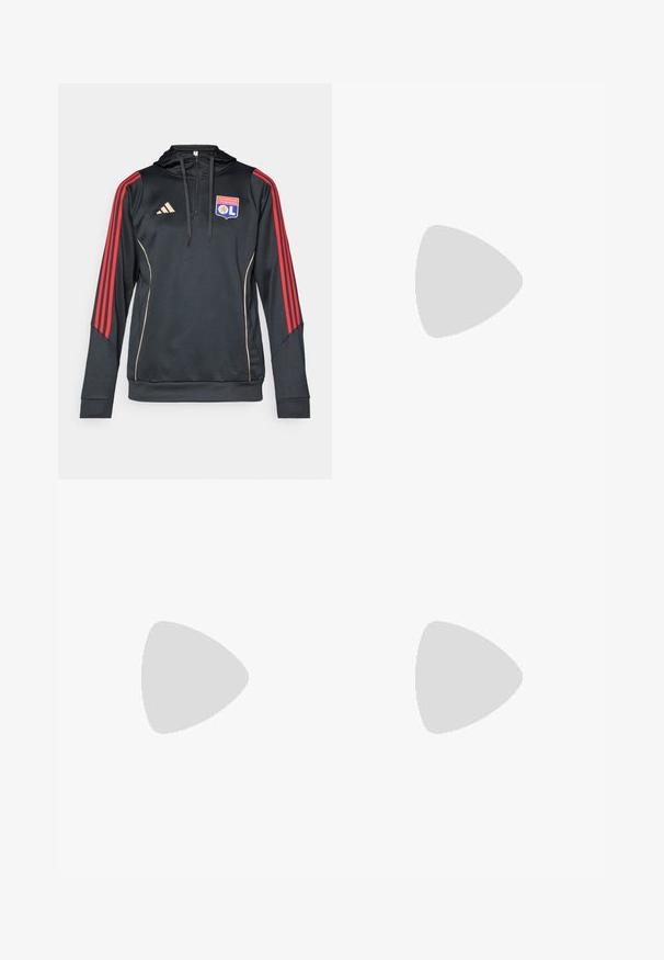 Čierna mikina s kapucňou a červenými pruhmi na rukávoch, so zlatými akcentmi a vyšitým logom Olympique Lyonnais na hrudi.; Čierne tričko s krátkymi rukávmi vyrobené z ľahkej, vlhkosť odvádzajúcej tkaniny. Obsahuje biele logo v oblasti hornej ľavej časti hrudníka.; Čierne športové nohavice s elastickým pásom, s bielymi pruhmi po bokoch a malým logom na boku. Hladká textúra.; Tmavo zelená športová obuv s textúrovaným povrchom, ktorá má tri biele pruhy, zaoblenú špičku a odpruženú podrážku.