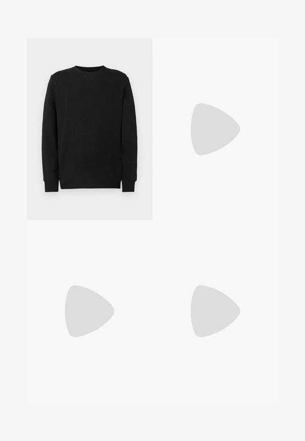 Black crewneck sweatshirt with long sleeves, ribbed cuffs, and hem, displayed against a plain white background.; Dark blue denim jeans with a straight-leg design. Features visible stitching, a button closure, and front pleats for added detail.; Black leather sneaker with white stripes, textured rubber sole, and lace-up front. Features a branded label on the tongue.; Black leather crossbody bag with a zip closure, embossed logo on the front, and adjustable strap. Smooth texture with a rectangular shape.