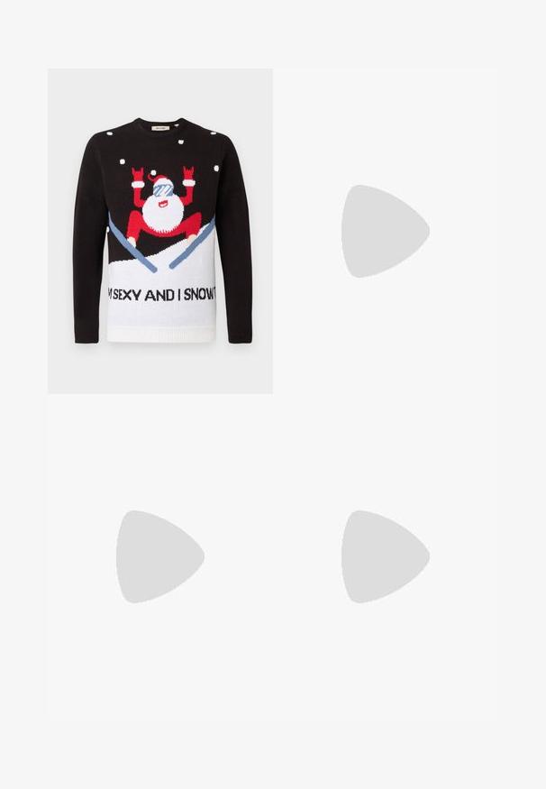 Čierny pletený sveter s bielou dolnou časťou, na ktorej je postava Santu v červenej farbe s okuliarmi a snehom. Text znie: "SOM SEXY A VIEM TO."; Chudé džínsy v bledom šedom denime s obnosnými detailmi na kolenách, skombinované s bielymi teniskami. Hladká textúra, úzky strih.; Biele kožené tenisky s perforáciami, okrúhlou špičkou, plochou podrážkou a hrubými šnúrkami, pričom majú viditeľné logo swoosh a nápis "AIR" na päte.; Strieborné nerezové hodinky s modrým ciferníkom, kovovými hodinovými značkami a dátumovým oknom na 3. hodine. Vodotesné do hĺbky 50 metrov.