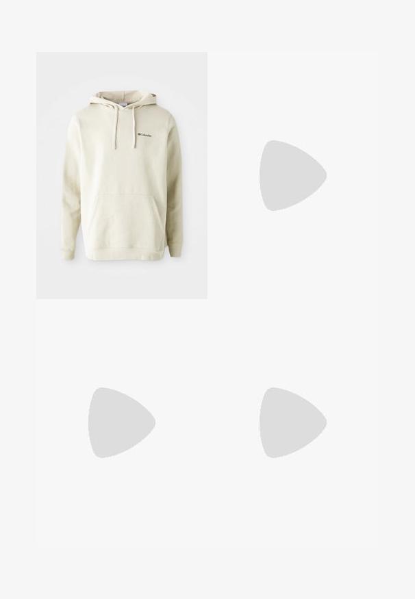 Krémová mikina s kapucňou vyrobená z mäkkej tkaniny, s predným klokanie kapsou, šnúrkou na kapucni a malou vyšívanou nášivkou na hrudi.; Biela bavlnená tričko s krátkymi rukávmi, okrúhlym výstrihom, uvoľneným strihom a žiadnymi viditeľnými logami alebo vzormi. Hladká textúra a minimálny dizajn.; Tmavomodré džínsy s rovnom strihom, dizajnom s piatimi vreckami, kovovým zapínaním a kontrastným prešívaním, ktoré majú jemnú štruktúru.; Sivé a biele tenisky s vrchom z semišu a kože, zaoblenou špičkou, plochými šnúrkami a gumovou podrážkou s akcentom vo farbe gumy.