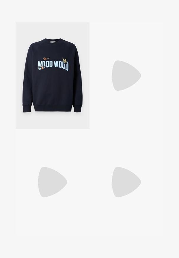 Navy blue sweatshirt with a crew neck and raglan sleeves. Features embroidered butterflies and the text "WOOD WOOD" in light blue.; Light blue denim jeans with a wide-leg design, featuring front pockets, a button fastening, and detailed stitching along the seams.; Black leather loafers with a smooth texture, rounded toe, and a decorative strap across the vamp. Low stacked heel, minimalist design.; Vivienne Westwood CITY BUMBAG UNISEX - Bum bag - black