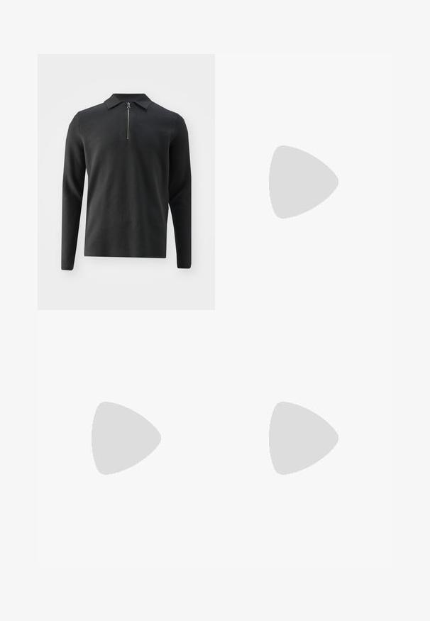 Samsøe Samsøe GUNA HALF ZIP - Maglione - volcanic ash; Pantaloni neri su misura con una vestibilità dritta, realizzati in tessuto liscio. Presentano passanti per cintura e dettagli di piega lungo la parte anteriore.; Sneaker Lacoste grigie scure in materiale mesh e sintetico, con suola testurizzata e dettagli marroni sul colletto e sul branding.; Occhiali da sole ovali neri con lenti scure e montatura in metallo sottile. Presentano aste slanciate con una leggera curva alle estremità.