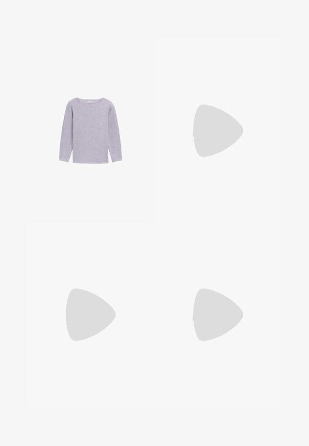 Helllila Langarmpullunder mit Rundhalsausschnitt, aus weichem, strukturiertem Gewebe, mit einem einfachen, minimalistischen Design.; Cremfarbene Satin-Hosen im Weitschnitt mit schwarzen gestickten geometrischen Mustern entlang des Saums. Sie zeichnen sich durch eine glatte Textur und eine taillierte Silhouette aus.; Beige Leder-Pumps mit Blockabsatz und spitzem Zeh, schwarzem Besatz entlang der Öffnung und einem dünnen verstellbaren Slingback-Riemen mit goldenen Hardware.; Cremfarbene Lederhandtasche in Mondform, mit goldenen Akzenten, schwarzen Details und einem abnehmbaren Gurt. Sie verfügt über eine Kettendetail und einen Anhänger.