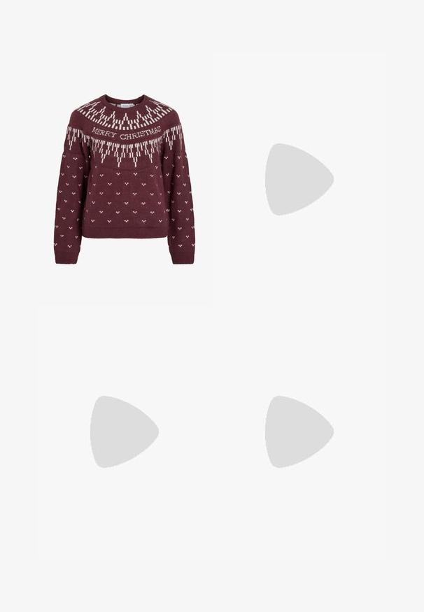 Burgundy sweater with a round neckline featuring white "MERRY CHRISTMAS" text and a knitted snowflake pattern on the yoke and body.; Blue high-waist straight-leg jeans with small white floral embroidery scattered across the fabric.; Black leather pointy-toe pump with an ankle strap and a chunky heel. Flat texture, sleek design, and minimalistic aesthetics.; Black leather tote bag with smooth texture, rectangular shape, and two long handles. No visible hardware or embellishments.