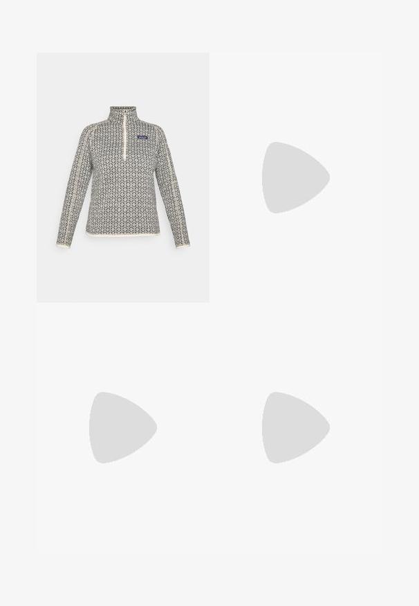 Pullover de fleece com fecho de três quartos, apresentando um padrão geométrico em preto e creme, fecho e detalhes da gola em contraste, tecido texturizado.; T-shirt preto de mangas longas, feito de algodão, com decote redondo. Apresenta um pequeno logótipo branco na área esquerda do peito. Design simples e ajuste confortável.; Calças cargo pretas em nylon com fechos de correr removíveis, punhos ajustáveis, múltiplos bolsos e um logótipo na perna direita. Textura suave e leve.; Sapatilha atlética beige e creme com parte superior em malha texturizada, sobreposições de suporte e sola de borracha com um padrão de cravo para tração.