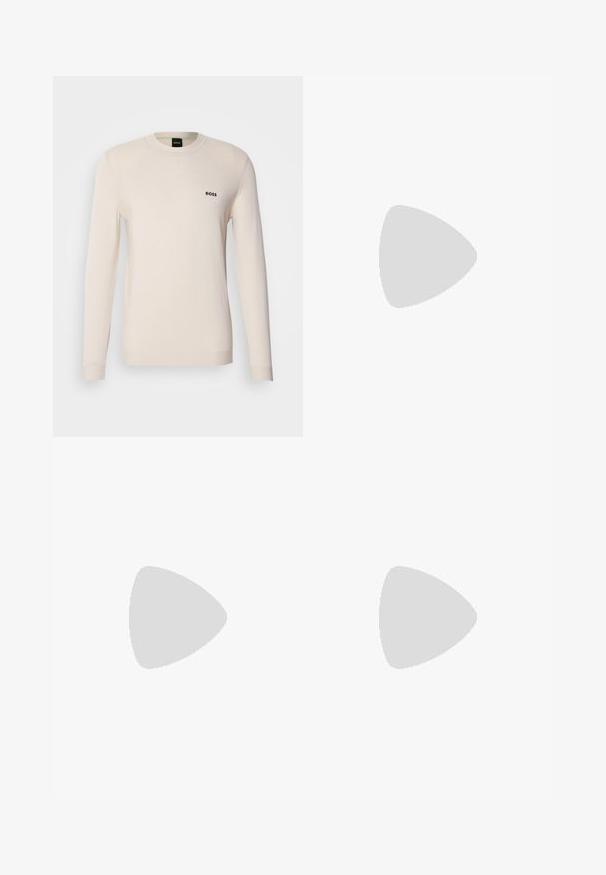 Vaaleanbeige pitkähiainen neule, jossa on pyöreä kaula-aukko ja joka on valmistettu pehmeästä neuloksesta. Rintapielessä on pieni musta "BOSS"-logo.; Tumma sinisiä farkkuja suoran leikkauksen, viisipaikkasuunnittelun, vaalean haalistuman reidissä ja yksittäisen nappisulun vyötäröllä.; Valkoinen nahkainen lenkkari, jossa on beigessä mokkaakkentteja, pyöreä kärki, nauhakiinnitys ja ruskea kumipohja, jossa näkyy brändin nimi "BOSS."; Mustasilmäkekassi, joka on valmistettu teksturoidusta synteettisestä materiaalista. Varustettu kahdella kahvalla ja säädettävällä olkahihnalla. Yksinkertainen muotoilu ilman näkyviä kuvioita.