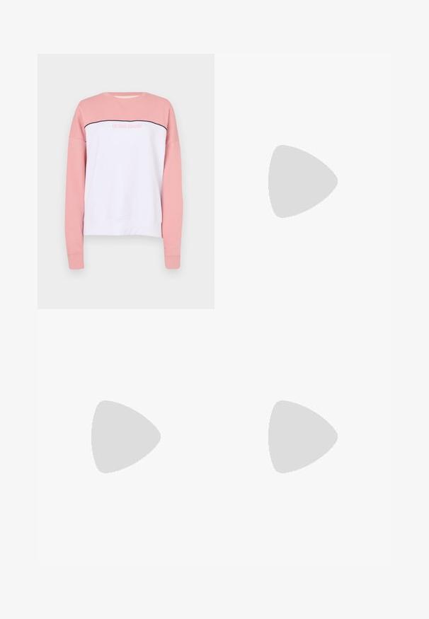 Rosa og hvit crewneck sweatshirt med lange ermer, med svart sømdetalj og "GUESS JEANS"-logo i midten. Myk tekstur.; Plissert hvit skjørt med en svart elastisk midje som har "LACOSTE"-logoen. Midjelengde design med myk tekstur.; Hvite lær sneakers med tykk hvit såle, svart semsket hælforsterkning og preget logo på siden. Snøresystem med seks hull.; Store svarte solbriller i overdimensjonert størrelse med geometrisk form, med mørke linser og en kontrasterende grå detalj på rammen. Logo på armen.