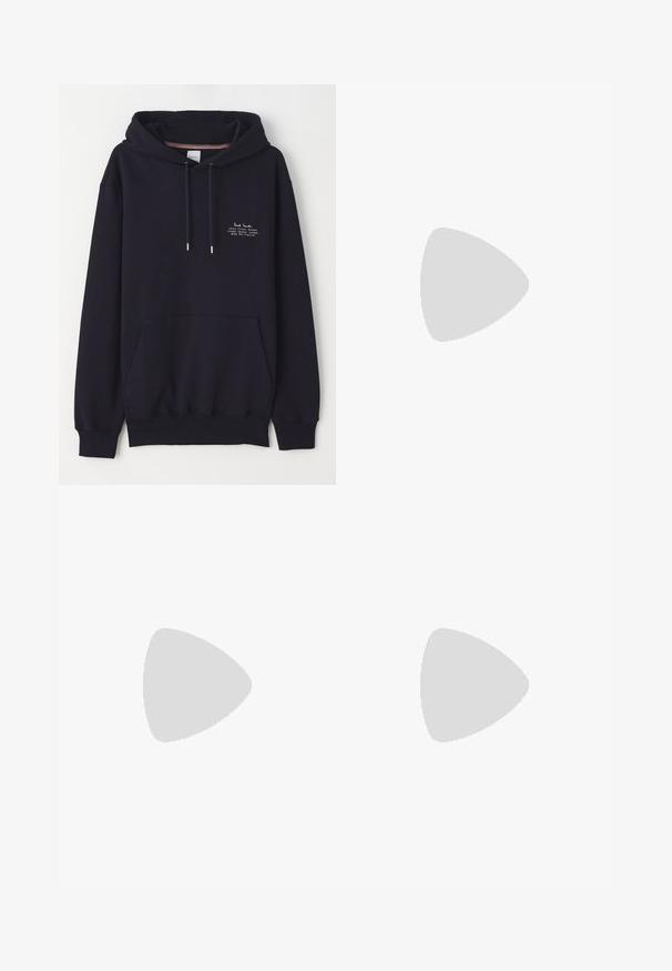 Navy blue hoodie featuring a front pocket, drawstrings, and small white text detailing the brand and address. Made from soft fabric.; Black tailored trousers featuring a straight leg design, two front pockets, and a double-button closure at the waistband. Smooth fabric texture.; White sneaker with suede accents, rounded toe, flat laces, and a cream rubber sole. Features green branding on the heel.; Brown crocodile-embossed leather handbag with top handles and a detachable shoulder strap. Features a buckle closure and rectangular shape.