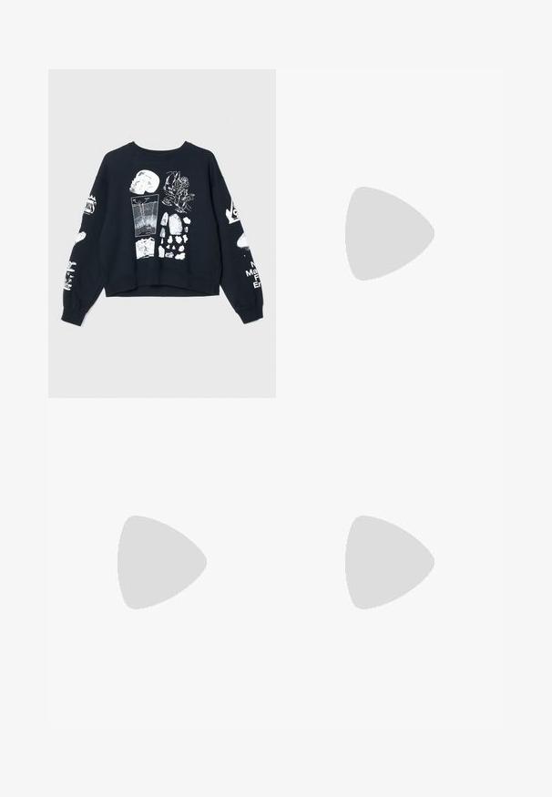 Sudadera negra recortada con varios estampados gráficos en blanco, incluyendo una cara, una luna y formas abstractas en la parte delantera y en las mangas. Textura suave.; Pantalones deportivos negros de tejido brillante y suave, con una cinturilla elástica, pierna ancha y un pequeño logo en el lado izquierdo.; Zapatillas deportivas negras con parte superior de malla, acentos texturizados y cápsulas de amortiguación de aire visibles en la suela. Combinadas con jeans de mezclilla azul.; Pulsera bangle de resina negra con una superficie lisa y brillante y bordes redondeados. Presenta un pequeño logo dorado "Pilgrim" en el interior.