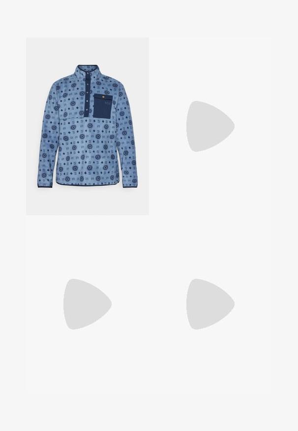 Sinine fliisist pullover, millel on geomeetriline muster, neljandiku lukuga krae ja tume sinine tasku. Omab nööpe ja tekstureeritud kangast.; Must mustaöödiga must T-särk, mis on valmistatud kerge riidekanga. Esiküljel on vasakul rinnal väike valge logo ning õlgadel on peened aktsendid.; The North Face HORIZON PANT - Õuepüksid - black; Hallhalli jooksukingad halli värvi, tekstureeritud ülemise osaga, vastupidava kummist tallaga ja tugevdatud varvaste kattega. Omab paelu ja kaubamärgi logo küljel.