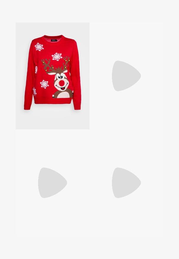 ONLY XMAS BELL LS EX  - Strickpullover - red; Weite Jeans aus Denim in Mittelblau, mit hoher Taille, Knopfverschluss und kontrastierenden vertikalen Nahtdetails an der Vorderseite.; Schwarze patentierte Sandalen mit Absatz, quadratischer Spitze, Knöchelriemen und silbernen Schnallen. Mit einem stabilen Blockabsatz für mehr Stabilität.; Schwarze Lederhandtasche mit geschwungener Form, abnehmbarem Tragegurt und goldenen Beschlägen. Die Tasche verfügt über einen Deckel mit einer Schnallen-Details.