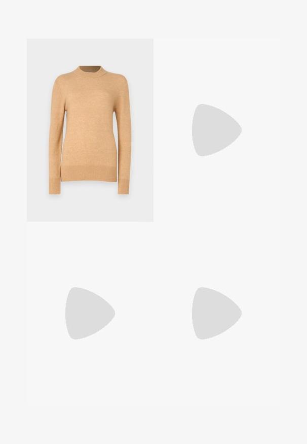 Kreemjas kudumiga kampsun pikas varrukas ja kõrge soonikkoes kaelusega. Omab soonikkoes mansette ja pahemikku, siledat tekstuurit ja figuuri külge istuvat disaini.; Mustad püksid siledast kangast, millel on kõrge vöökoht, laiad jalad, esimesed kortsud ja klassikalised vööloopid. Küljepockets pole nähtavad.; Must must have must toote tõmblukuga, dekoratiivsed rihmad metallist silmadega ja madal blokk-kand. Tekstureeritud pind.; Pruun tekstureeritud nahk ristkeha kott kuldse ahelaga rihmaga ja klapiga sulgemine. Esiküljel on logo detail ja tasku klapi all.