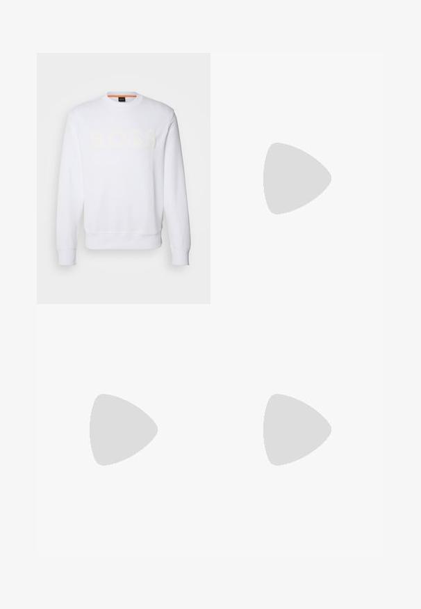 BOSS Camisola - white; Camisa branca de mangas longas feita de algodão, com decote redondo, logotipo preto "HUGO" no lado esquerdo do peito e uma textura suave.; Jeans de ganga azuis com um design de perna reta, apresentando um lavagens desbotada, cinco bolsos e um fecho de botão e zíper na cintura.; Tênis atléticos brancos com detalhes em cinza, parte superior em malha e sintético, design com atacadores e solado em borracha texturizada com padrões de tração.