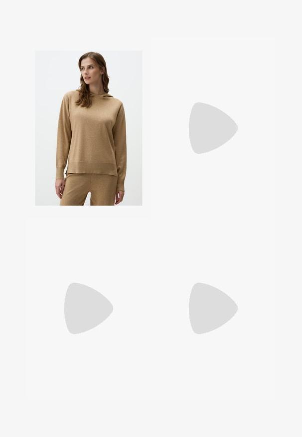 Bruine hoodie van zacht, textuurstof. Voorzien van een capuchon met trekkoord, lange mouwen en geribbelde manchetten. Eenvoudig, casual ontwerp.; Zwarte doorschijnende rok met een verzameld tailleband, voorzien van twee grote voorzakken, een tailleband met strik en een ronde metalen accent.; Slingback sandalen met een zebra-patroon bovenwerk in zwart en wit, voorzien van zwarte banden, metalen hardware en een platte zool.; Duidelijke rechthoekige zonnebril met doorzichtige monturen, lichtgroene lenzen en subtiele details op de veren. Lichtgewicht ontwerp, modern model.; Oranje gebreide totebag met dubbele handvatten, met een gestructureerd oppervlak en een opvallend logo op de voorkant.