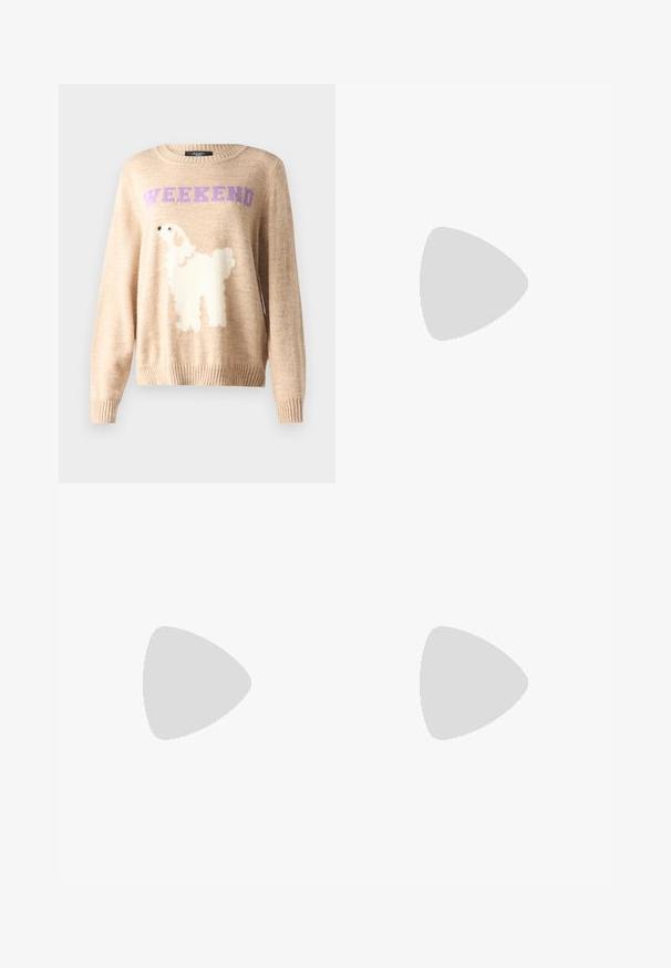 Beige kötött pulóver, fehér kutyával a grafikán és "WEEKEND" lila színben. Kerek nyakkivágás és bordázott mandzsetta, puha tapintással.; WEEKEND MaxMara RONCHI - Nadrágok - blu; Fekete bőr szandál állítható csattal, lapos barna talppal és két széles pánttal, amelyek átkereszteződnek a lábon, minimalista dizájnnal.; Barna bőr kézitáska, hajtókás zárással, arany színű fém kiegészítőkkel, vállpánttal és sima felülettel. Kompakt téglalap alakú.