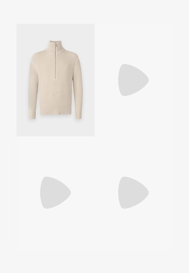 Beige geribbeld gebreid trui met een hoge kraag en een halve rits. Heeft lange mouwen en een rechte zoom. Zachte textuur.; Lichtblauwe joggingbroek van zachte stof, met een tapers ontwerp, elastische tailleband en afgewerkte boorden. Klein logo aan de zijkant.; Lacoste sneakers in donkergrijs van mesh en synthetisch materiaal, met een gestructureerde zool en bruine accenten op de kraag en branding.; Fanny pack in donkerblauw tie-dye print met een ritssluiting bovenaan, textuur materiaal en een opvallend logo op de voorkant.