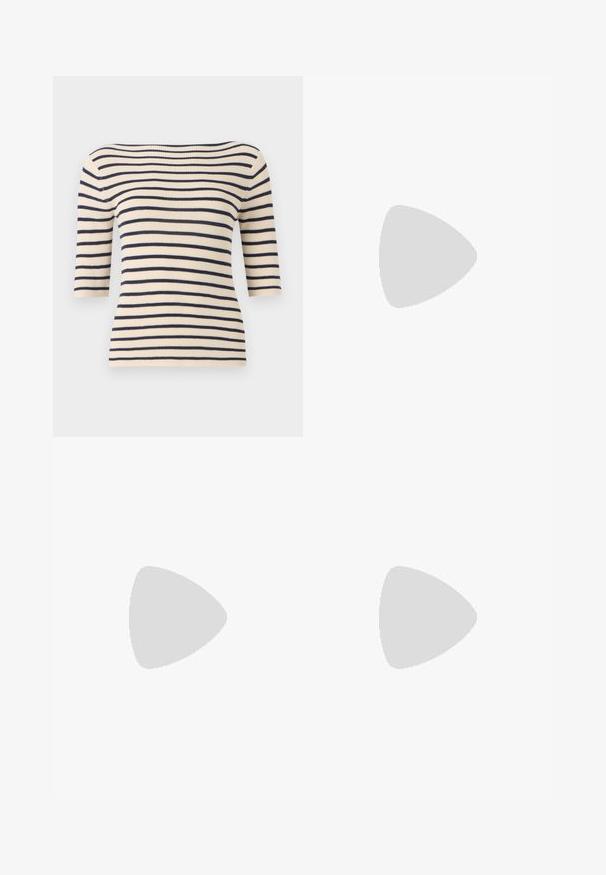 Haut en tricot côtelé à manches courtes, avec des rayures horizontales crème et marine. Texture lisse et design décolleté.; Jeans en denim bleu foncé à jambes larges, avec une taille haute, dotés d'un lien à cordon, de cinq poches et de détails de couture contrastants.; Soulier à talons hauts type slingback en cuir verni marron foncé brillant, à bout pointu, côtés ouverts et bride de cheville réglable.; Lunettes de soleil en écaille, avec des verres ovales allongés, teinte marron, accents de logo doré sur les branches et montures noires élégantes.; Sac à main marron à motif avec un tissu texturé, une bandoulière en cuir marron et un détail de logo doré sur un fond beige. Forme courbée et structurée.