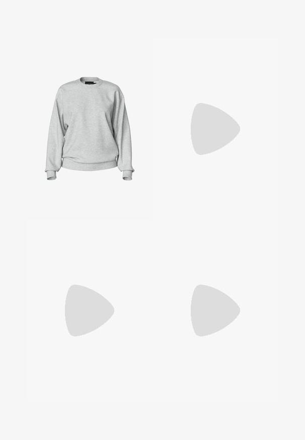 Light gray sweatshirt with a round neckline, long sleeves, ribbed cuffs, and a relaxed fit. Made from soft fabric with minimal detailing.; Wide-leg jeans in dark blue denim. Features five pockets, belt loops, and a raw hem at the bottom with visible stitching details.; Black patent leather slingback heels with a pointed toe and a geometric block heel. Features a sleek, minimal design and smooth texture.; Black leather hobo bag with a smooth texture, curved shape, and single adjustable strap; features a wide opening at the top.