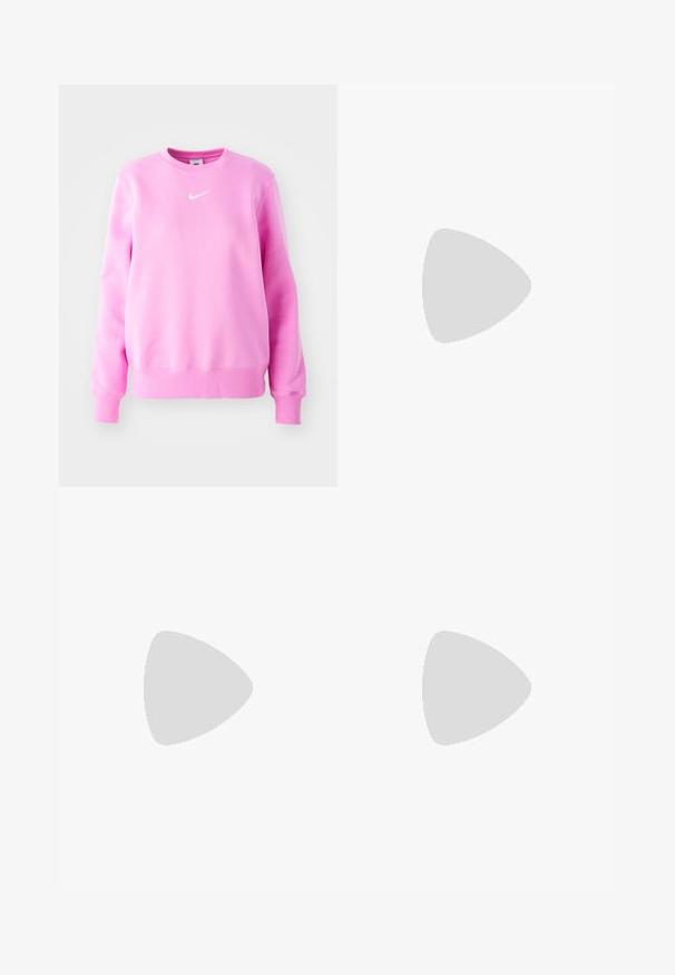 Vaikka vaaleanpunainen collegepaita on pehmeää kangasta, jossa on joustavat hihansuut ja helma. Rinnassa pieni valkoinen Nike-logo. Pyöreä kaula-aukko.; Sininen farkkuhousut, joissa on rento istuvuus, korkea vyötärö, viisi taskua ja ompeluaccentit. Varustettu napilla ja vetoketjulla.; Urheilu kengät, joissa on liukuvärjätty vaaleanpunainen päällinen, mustat yksityiskohdat ja paksu pohja, jossa on näkyvät vihreät vaimennuskuplat. Yhdistettyinä sinisiin farkkusiin.; Hopeiset aurinkolasit, joissa on tyylikäs, ympäröivä muotoilu. Kirkkaat linssit ja teksturoitu musta korostus varsissa. Kevyt muovimateriaali.