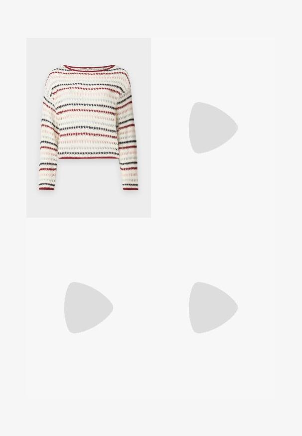 Crochet sweater with long sleeves, round neckline; features alternating stripes in cream, red, navy, and light pink; textured pattern.; Black denim wide-leg jeans featuring five pockets, metal button and zipper closure, and contrasting yellow stitching along the seams.; Light blue open-toe heeled mules with a geometric design, featuring a wide strap across the foot and a chunky, angular heel.; Black leather handbag with a unique fan shape, featuring flat handles. The surface has a pebbled texture and a minimalistic design.