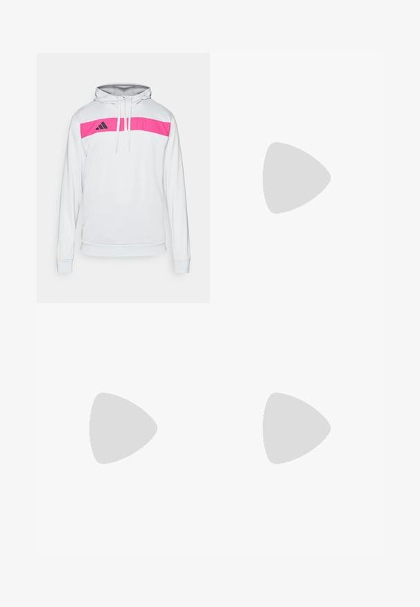 Weißer Hoodie mit einem pinken horizontalen Streifen über der Brust, schwarzem Logo auf der linken Seite, Kapuze mit Kordelzug und elastischen Bündchen.; Weißes sportliches T-Shirt mit kurzen Ärmeln, aus feuchtigkeitsableitendem Material. Mit einem schwarzen Logo auf der linken Brust und einem gemusterten Innenkragen.; Schwarze Sporthose mit einem dehnbaren Bund, weißen Seitenstreifen und einem kleinen weißen Logo auf dem Oberschenkel. Hergestellt aus einem glatten, leichten Material.; Schwarze Sportschuhe mit einem strukturierten Mesh-Obermaterial, weißen Akzentstreifen, einer gepolsterten Sohle und einer verstärkten Ferse für Unterstützung.