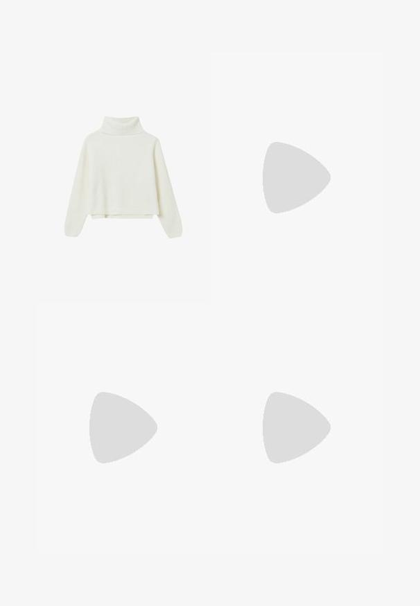 Weißer gerippter Rollkragenpullover mit langen Ärmeln und kürzerem Schnitt. Weiche Textur mit einem schlichten Design und ohne zusätzliche Muster oder Akzente.; Hellblaue weite Jeans aus Denim, mit hoher Taille, fünf Taschen, Knopfverschluss und dezentem Verblassen für Textur.; Schwarze Leder-Loafer mit goldfarbener Hardware. Der Schuh zeichnet sich durch ein elegantes Design und eine glatte, glänzende Oberfläche aus.; Schwarze, oversized Sonnenbrillen mit ovalen Gläsern, glattem Kunststoffrahmen und goldenen Akzenten an den Bügeln. Die dunklen Gläser bieten Sonnenschutz.; Weiche braune Hobo-Stil Handtasche mit einem einzigen breiten Trageriemen und einer geschwungenen Oberteilöffnung, auf einem weißen Hintergrund präsentiert.