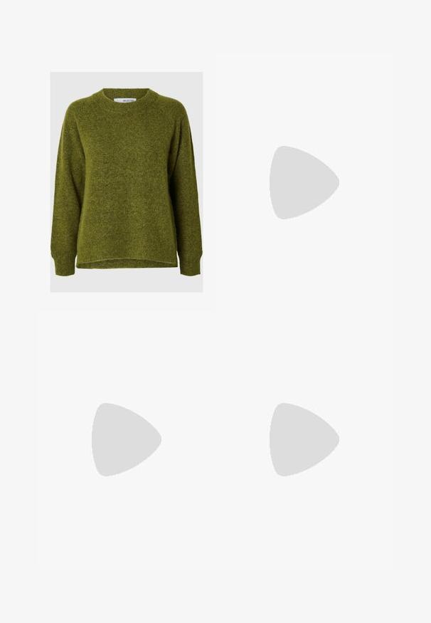 Zelena pletena pulover s okroglim izrezom, spuščeni rameni in sproščenim krojem. Mehak tekstura in nekoliko daljši zadnji rob.; Bela rebrasta kratka majica s kratkimi rokavi v kombinaciji s črno mini krilom iz umetnega usnja, ki ima detajle v panojskih oblikah in elegantno silhueto.; Črne usnjene gležnjarje z zaobljenim nosom, stranskim zadrgo in srebrnim podrobnostmi s sponko. Imajo masiven pete in kontrastno šivanje.; Hobo torba iz teksturirane usnjene tkanine z rjavimi in belimi lisami kravjega vzorca, vsebuje ukrivljeno obliko in en sam naramni trak z zlatimi elementi.; Zlato obložene uhane v obliki obroča z gladkim, ožjim oblikovanjem. Imajo poliran zaključek in ukrivljeno silhueto, kar poudarja njihovo moderno obliko.