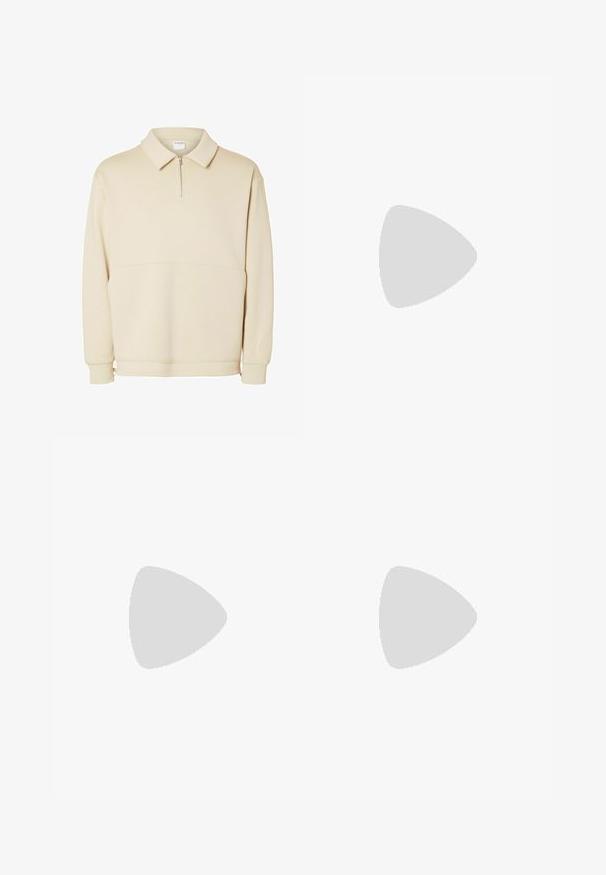 Pulôver de moletom bege feito de tecido macio, com um pescoço com fecho éclair, colarinho e um corte relaxado com um simples detalhe de costura horizontal.; Jeans de denim azul claro com um corte relaxado, design de perna reta, costura visível, dois bolsos frontais e fecho de botão.; Sapatilha loafer preta com um acabamento liso e mate, apresentando uma ponta arredondada e uma sola espessa e texturizada. Acentuada com uma faixa na parte da frente.; Óculos de sol pretos com forma retangular, lentes escuras, detalhes em prata nas hastes e um acabamento mate na armação.