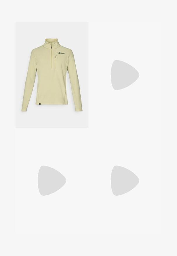 Sudadera de forro polar de color amarillo claro con cuello de media cremallera, mangas largas y un pequeño bolsillo en el pecho; cuenta con un logo verde y una textura en la tela.; Berghaus DELTA TEE - Camiseta deportiva - black; Pantalones cargo negros hechos de un material ligero y resistente al agua; cuentan con una cintura elástica, múltiples bolsillos con cremallera y piernas ajustadas.; Bota de senderismo negra con parte superior texturizada, puntera reforzada y suela Vibram. El sistema de cordones incluye ganchos para un ajuste seguro.