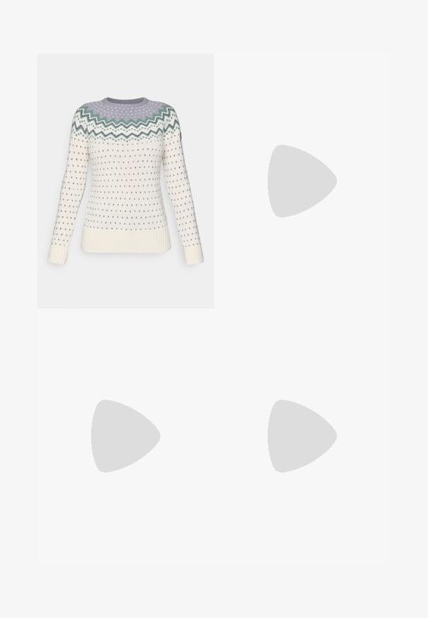 Pleteni pulover v kremni barvi z zigzag vzorcem v svetlo vijolični in zeleni barvi ob ovratniku. Ima majhne modre srčke in rebraste manšete.; Črne rebraste široke hlače z elastiko na pasu, razporejene na belem ozadju.; Črne športne čevlje, izdelani iz mrežaste in sintetične tkanine. Imajo oblazinjen podplat, teksturirane vzorce in vtisnjeno blagovno znamko na strani.; Jasne acetatne mačje oči očala z rumenimi lečami, ki jih nosi oseba v temnem usnjenem jopiču in rdečem puloverju s kratkimi rokavi. Gladka tekstura.; Črna usnjena torbica s ukrivljeno obliko, z odstranljivo naramnico in zlatimi dodatki. Torbica ima pokrov s podrobnostmi v obliki zaponke.