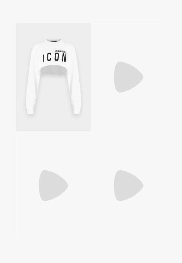 Weißer, kurz geschnittener Pullover mit langen Ärmeln, runder Halsausschnitt und schwarzem "ICON"-Logo auf der Vorderseite. Aus einem glatten, weichen Stoff gefertigt.; Kariert gepuffte Shorts in Braun, Beige und Rot mit einem hellblau gestreiften Taillenbund und Knopfdetails an der Vorderseite.; Schwarze Fußballschuhe mit einem strukturierten Lederoberteil, ausgestattet mit einer gepolsterten Vorderseite, drei weißen Streifen an den Seiten und einer Gummisohle.; Schwarze Handtasche mit Nietenverzierungen, einer Kettenriemen und einem glatten Ledergriff, in runder Form und mit einem Reißverschlussfach.