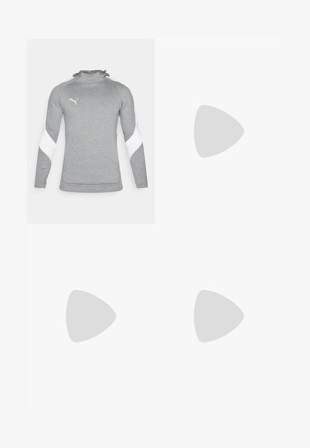 Šedý svetr s dlouhými rukávy, zdobený bílými akcenty na ramenou, vysokým límcem a malým logem na hrudi. Texturovaná látka.; Černé sportovní tričko s krátkým rukávem vyrobené z lehkého materiálu. Má kulatý výstřih a na přední straně potisk s logem "HYROX" a emblémem Puma.; Černé sportovní šortky s elastickým pasem, vyrobené z lehkého materiálu, s malým bílým logem na spodní straně.; Černá sportovní obuv s texturovaným síťovaným svrškem, plochými tkaničkami a polstrovanou podešví s decentními reflexními prvky.