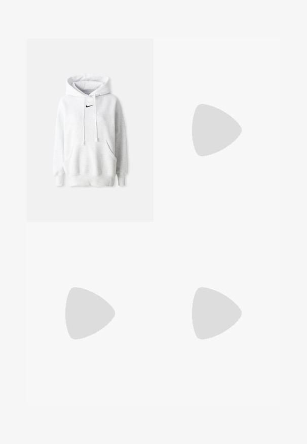 Sweatshirt cinza com um bolso frontal, capuz e cordões. Apresenta um logótipo da Nike preto no peito. Feito de um tecido macio e texturizado.; Calças de fato de treino azul marinho feitas de um tecido suave, com uma cintura elástica com cordão, punhos elásticos e um pequeno logótipo branco.; Os ténis Nike Air Max apresentam um design em bege e preto, com um superior liso, amortecimento de ar visível e solas de borracha planas.; Uma bolsa bege feita de material macio, com um design descontraído, detalhes de costura e duas alças para o ombro. Adequada para uso diário.