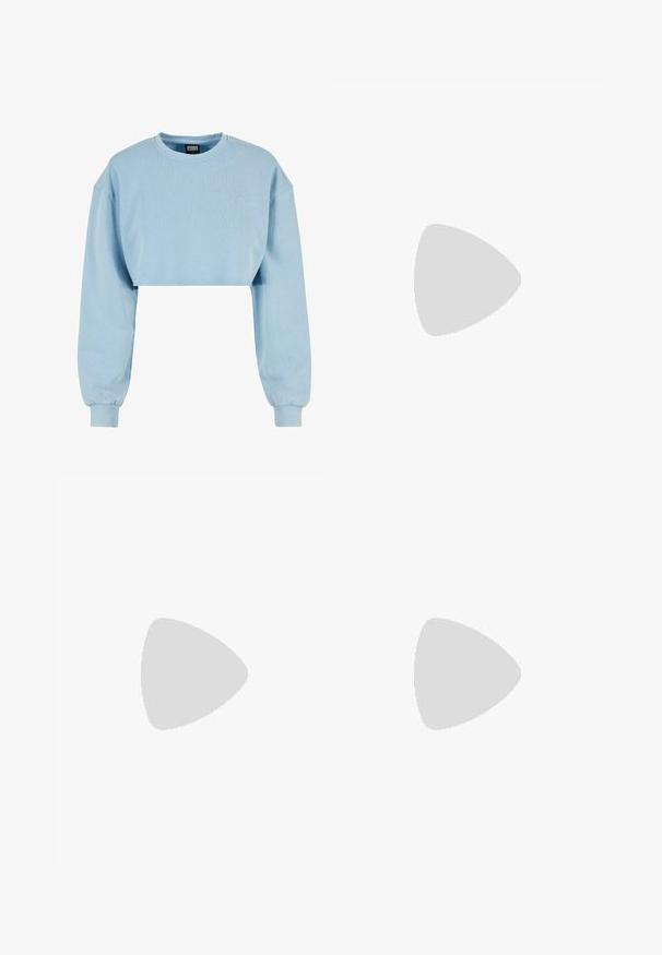 Felpa azzurra accorciata realizzata in tessuto morbido, con maniche lunghe e un ricamo di fiore sul petto.; Jeans a gamba larga in denim nero con chiusura a zip, design a cinque tasche e dettagli di cucitura sottili. Texture morbida e stile casual.; Sandali con tacco in vernice nera, con punta squadrata, cinturini alla caviglia e fibbie in argento. Presentano un tacco a blocco spesso per maggiore stabilità.; Borsa tote in pelle nera con texture liscia, forma rettangolare e due manici lunghi. Nessun hardware o decorazione visibile.
