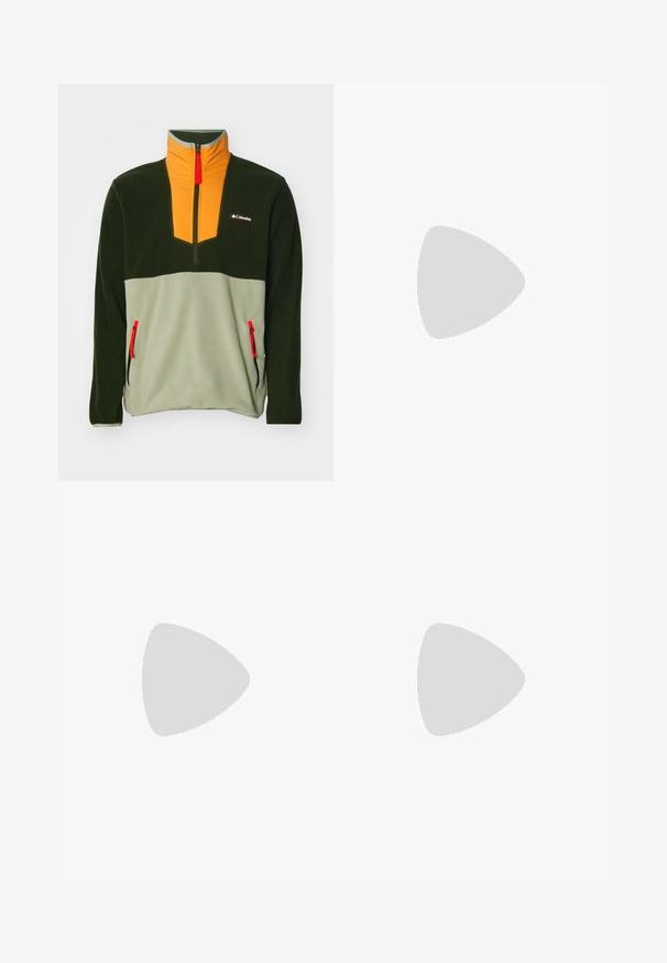 Pullover de polar com um design de fecho de correr de um quarto. Apresenta painéis em verde escuro, verde claro e laranja, com puxador do fecho vermelho e bolsos laterais.; T-shirt preto de manga curta feito de um tecido leve. Apresenta um pequeno logo branco ao lado esquerdo do peito e detalhes subtis nos ombros.; Calças atléticas pretas feitas de tecido leve, com um cós ajustável por cordão, bolsos laterais e punhos afunilados nos tornozelos.; Sapatilha de corrida em trilhos cinza com um cabedal texturizado, sola de borracha durável e ponteira reforçada. Apresenta atacadores e o logótipo da marca de lado.