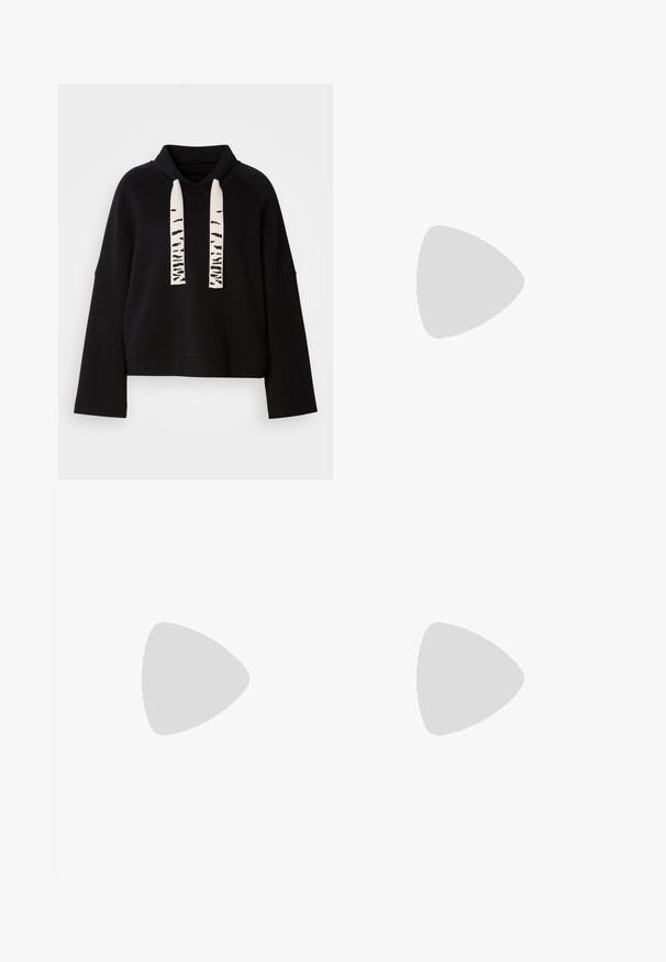 Black long-sleeve hoodie with a high collar and wide white drawstrings featuring black abstract patterns.; Beige leather midi skirt with a smooth texture, wide waistband, and flared hem; features stitched seams for added detail.; Black pointed-toe high heels with a glossy finish and subtle textured pattern. Features a moderate heel and open throat design.; Black leather tote bag with a square handle, featuring a textured finish and embossed logo. Includes a detachable strap.