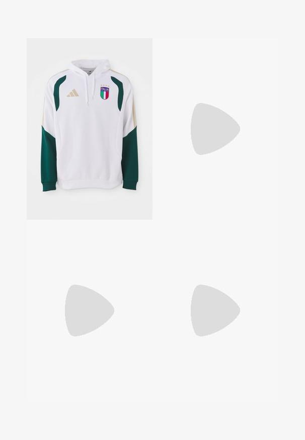 Bijela dukserica s zelenim i zlatnim detaljima, s rebrastim rukavima, kangaroo džepom i grbom "Italia" na prsima.; Bijela atletska majica kratkih rukava, napravljena od tkanine koja upija vlagu. Ima crni logo na lijevoj strani prsiju i uzorčeni unutarnji obrub dekoltea.; Crne atletske hlače s rastezljivim pojasom, bijelim bočnim trakama i malim bijelim logom na bedru. Izrađene su od glatkog, laganog materijala.; Crne atletske cipele s teksturiranim mrežastim gornjim dijelom, bijelim naglasnim trakama, podstavljenim potplatom i ojačanim petom za podršku.