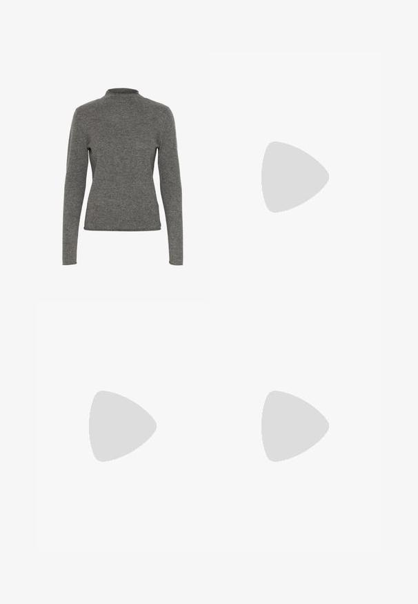 Pulover gri dintr-un material moale; are un guler înalt și mâneci lungi cu o croială slim. Textură netedă și design minimal.; Pantaloni bleumarin cu un design drept, realizați dintr-un material neted, având brăci pentru curea și închidere cu fermoar frontal.; Botine bej până la gleznă cu un trim moale din blană, material asemănător suedeului, vârf rotunjit și o talpă ușoară din cauciuc. Nu sunt vizibile modele sau accesorii proeminente.; Geantă de umăr dintr-un material textil de culoare maro închis, având un model geometric alb, cu o curea texturată ajustabilă și accente de hardwear metalic.