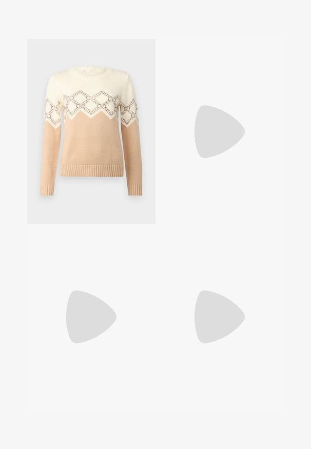Maglione beige e crema con un motivo geometrico sulla spalla, dotato di un collo rotondo, polsini e orlo a coste. Morbida texture a maglia.; Gonna bianca plissettata con elastico nero in vita che presenta il logo "LACOSTE". Design di lunghezza media con texture morbida.; Sneaker bianchi in pelle con suola spessa bianca, accento in suede nero sul tallone e logo impresso sul lato. Design con lacci e sei fori per i lacci.; Occhiali da sole oversize neri dalla forma geometrica, con lenti scure e un dettaglio grigio a contrasto sulla montatura. Logo sul braccio.; Orecchini a cerchio in argento con una finitura liscia e lucente. Forma arrotondata, design leggero, con chiusura a perno.