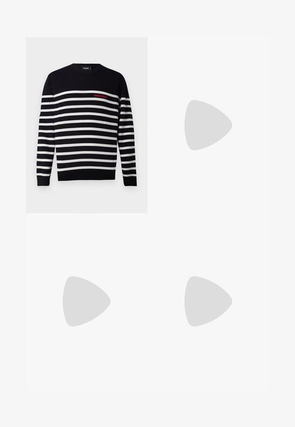 Pull à rayures bleu marine et blanche avec un col rond, portant un logo rouge "DSQUARED2" sur le côté gauche de la poitrine. Texture en maille douce.; T-shirt en coton blanc avec un col rond, des manches courtes et un logo brodé noir portant la mention "DSQUARED2 MILANO" sur la poitrine gauche.; Jean en denim gris foncé avec une coupe slim, un léger dégradé, des marques d'usure sur les cuisses, cinq poches et un détail de label rouge contrastant.; Baskets en cuir blanc avec une finition lisse, bout arrondi, lacets plats et semelle texturée. Présente un logo discret sur le talon.