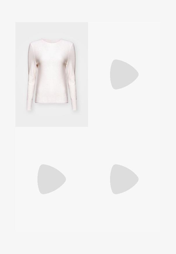 Light pink long-sleeve sweater made of textured fabric. Round neckline with ribbed detail, soft finish, and fitted sleeves.; Light blue denim jeans with a high waist, wide-leg cut, two side pockets, and pleated design feature. Soft texture with a faded finish.; Beige suede high-heeled pump with a pointed toe and a chunky block heel. The material has a soft texture with a smooth finish.; Black leather handbag with a structured design, featuring a cropped shape, top handle, and gold hardware accent. Adjustable shoulder strap included.