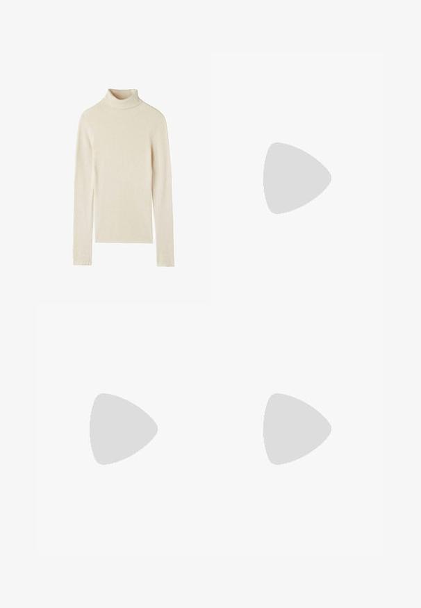 Cremfarbener Rollkragenpullover, gerippte Textur, lange Ärmel, figurbetontes Design, weiches Material und hoher Kragen. Keine Muster oder Akzente erkennbar.; Schwarze Hose mit geradem Schnitt, ausgestattet mit Fronttaschen und Seitenschlitzen am Saum. Hergestellt aus weichem, glattem Stoff. Geeignet für verschiedene Anlässe.; Schwarze patentierte Sandalen mit Absatz, quadratischer Spitze, Knöchelriemen und silbernen Schnallen. Mit einem stabilen Blockabsatz für mehr Stabilität.; Schwarze Laptoptasche aus Leder mit glatter Textur, rechteckiger Form und zwei langen Griffen. Keine sichtbaren Beschläge oder Verzierungen.