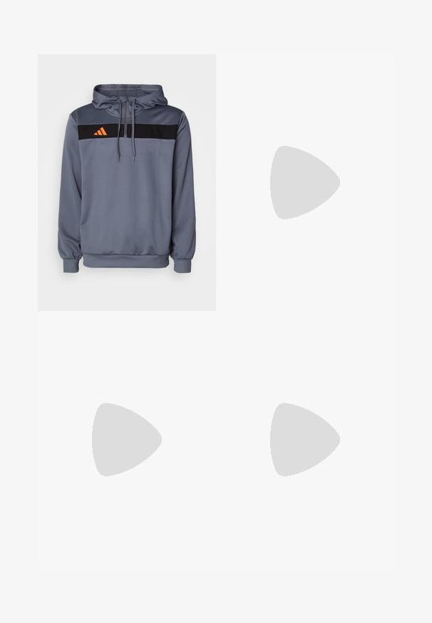 Grå hoodie lavet af blødt stof, med en sort vandret streg og orange Adidas-logo. Inkluderer justerbare snore og ribbede manchetter.; To korteærmede T-shirts: den ene grå med subtil tekstur, den anden med et sort-hvidt zigzag-mønster, begge med rund hals.; Sorte træningsbukser med elastisk talje, tætsiddende design, sidelommer og diskret logo-detail. Fremstillet af fleksibelt, åndbart stof.; Sort atletik sko med åndbart mesh-overdel, hvide accenter og en polstret sål. Har tre-stripes logo på siden.