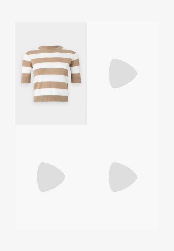 Short-sleeve sweater in soft knit, featuring alternating horizontal stripes in beige and white. Round neckline and ribbed hem.; White denim skirt featuring a front slit, five-pocket design, metal button and zipper closure, and stitched hem details.; Brown suede loafer with a round toe, featuring a ribbed platform sole and a decorative strap across the upper.; Brown leather handbag with a flap closure, gold-tone hardware, a shoulder strap, and a smooth texture. Compact rectangular shape.