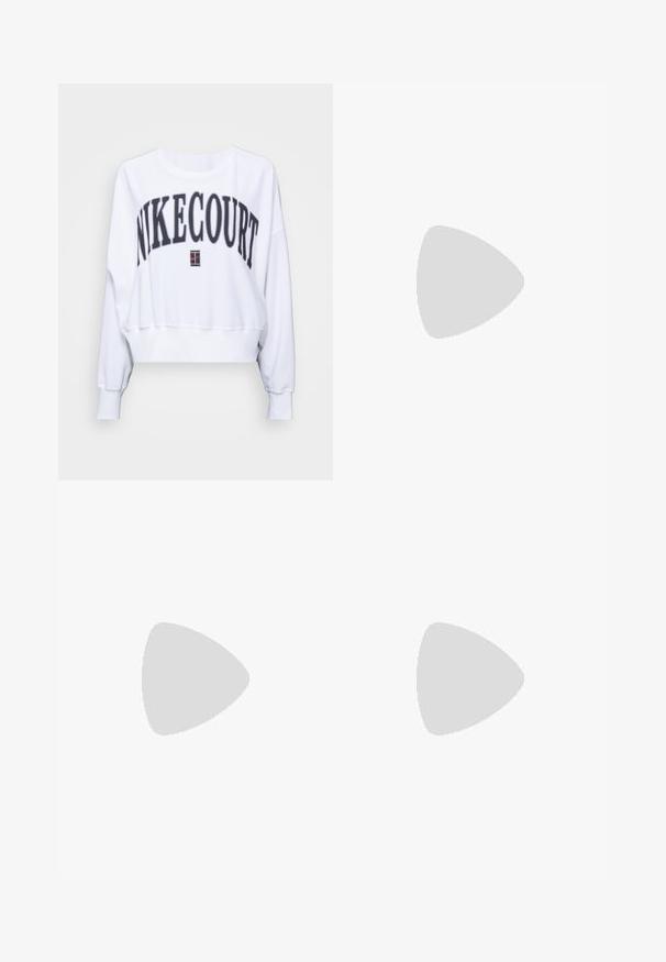 Nike Performance CREW - Fleece jumper - white/flat pewter/black; Long-sleeve white T-shirt in soft, lightweight fabric; features a round neck and slightly relaxed fit; tag visible on the side.; High-waisted, wide-leg jeans in dark blue denim with a smooth texture, contrast stitching, and five-pocket design. Front button closure.; Low-top sneakers with a white synthetic upper, pink and gray suede accents, textured white rubber sole, and colorful laces.