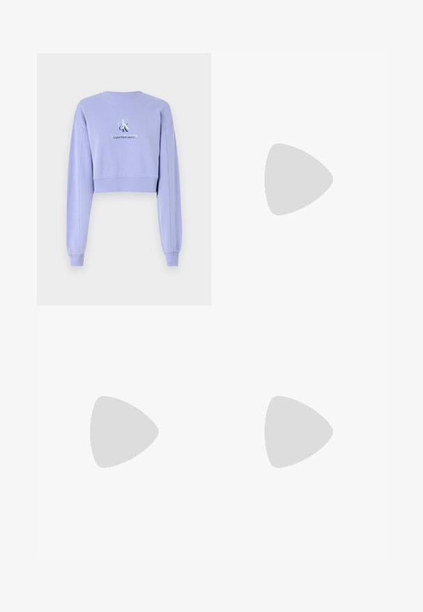 Lilac cropped sweatshirt made of soft fabric with long sleeves, ribbed neckline, and embroidered logo detailing on the front.; Light blue denim jeans with a high waist, straight leg design, five-pocket styling, and slightly faded texture. Rivet and button closure.; Metallic silver slingback heel with pointed toe, featuring three wide straps and square metallic buckles. Glossy texture and slim heel.; Silver chain necklace featuring interconnected round links and a polished heart-shaped accent in the center. Secure clasp included.