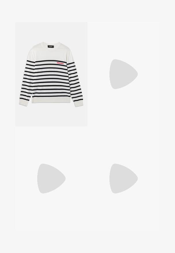 Maglione bianco a maniche lunghe con righe orizzontali nere, polsini e orlo a coste, e logo rosso "DSQUARED2" sul lato sinistro del petto.; T-shirt in cotone a maniche corte con scollo rotondo, caratterizzato da strisce verticali nere su sfondo bianco e un design a taglio dritto.; Jeans in denim blu chiaro con un design a gamba larga, cinque tasche, passanti per cintura e chiusura con bottone. Il tessuto ha una texture liscia.; Stivale ankle in pelle nera con punta arrotondata, tacco a blocco, cerniera laterale e dettagli in cucitura sulla tomaia. Texture liscia, design classico.