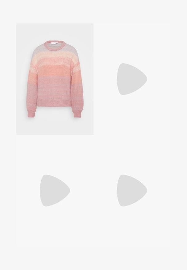 VILA VICHOCA - Neule - peach whip/pink tones; Vaaleansiniset leveälahkeiset farkut, valmistettu denimistä. Ominaisuuksiin kuuluu korkea vyötärö, viisi taskua ja suora leikkaus, jolla on vähäistä haalistumista.; Urheilukengät, joissa on valkoinen nahkainen päällinen, harmaa mokkanokka ja kolme mustaa raitaa. Ominaisuuksina sininen logo kielekkeessä ja kuvioitu kumipohja.; Vaaleanpunainen nahkalaukku, jossa on rakenteellinen muoto, kiiltävä suljenta ja yksi säädettävä olkahihna. Rakeinen pinta ja kultainen metalliosat.