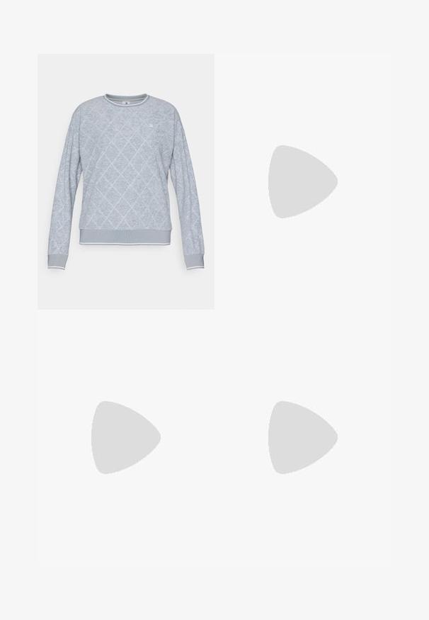 Sweatshirt cinza claro com padrão de diamante, punhos e barra canelados, e decote redondo. Apresenta um pequeno logotipo no peito.; Pólo branco sem mangas feito de tecido suave, apresentando um colarinho, uma pala com cinco botões e fendas laterais discretas, com um pequeno detalhe de logótipo na barra.; Calções brancos feitos de um tecido leve, com uma textura suave, cintura elástica e bolsos laterais com um design simples.; Tênis atléticos brancos com detalhes em teal. Apresenta três riscas teal na lateral e uma sola branca acolchoada, adequada para desporto.